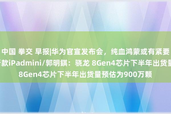 中国 拳交 早报|华为官宣发布会，纯血鸿蒙或有紧要更新/苹果推出新款iPadmini/郭明錤：骁龙 8Gen4芯片下半年出货量预估为900万颗
